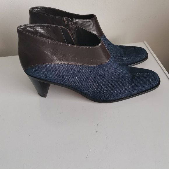 Etienne Aigner Ankle Boots Blue Denim Brown Leather Almond‎ Toe - Picture 2 of 6